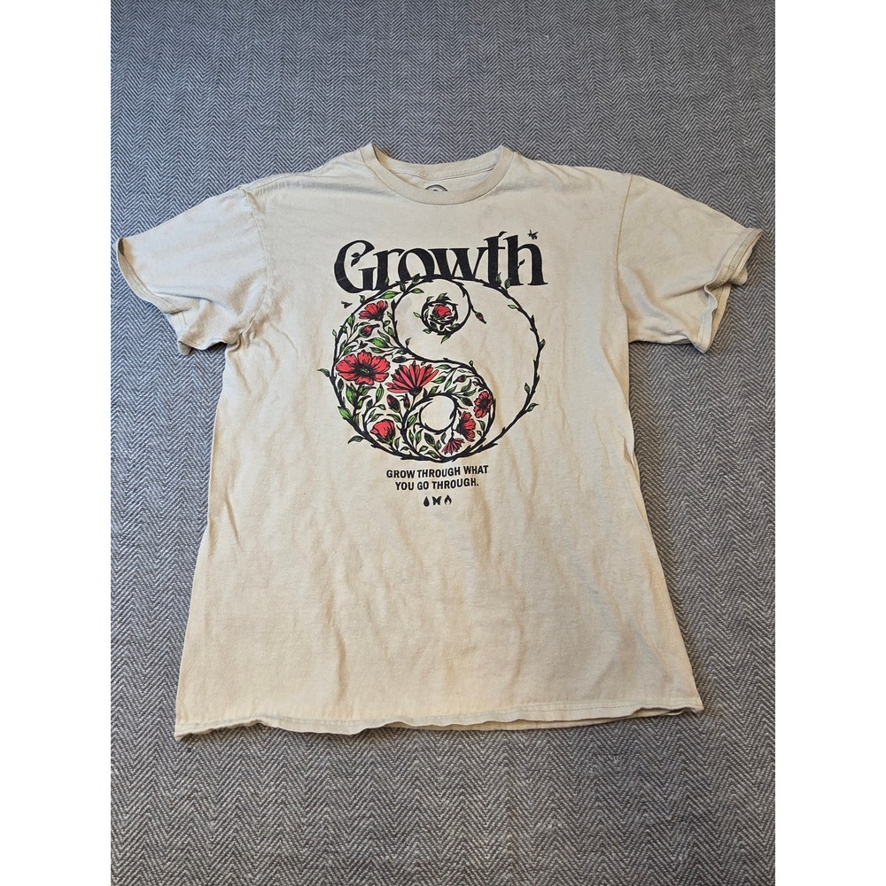 DOM T-Shirt Men Medium Tan Growth Floral Yin Yang Graphic Print Short Sleeve Tee